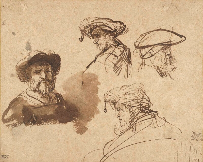 Four Studies of Male Heads, by Rembrandt